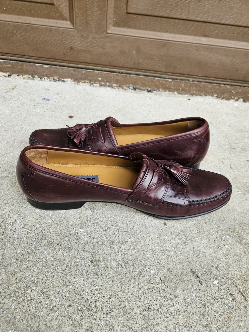 Johnston & Murphy Tassel Kiltie Loafers Cognac Italian Leather Mens 12 Burgundy